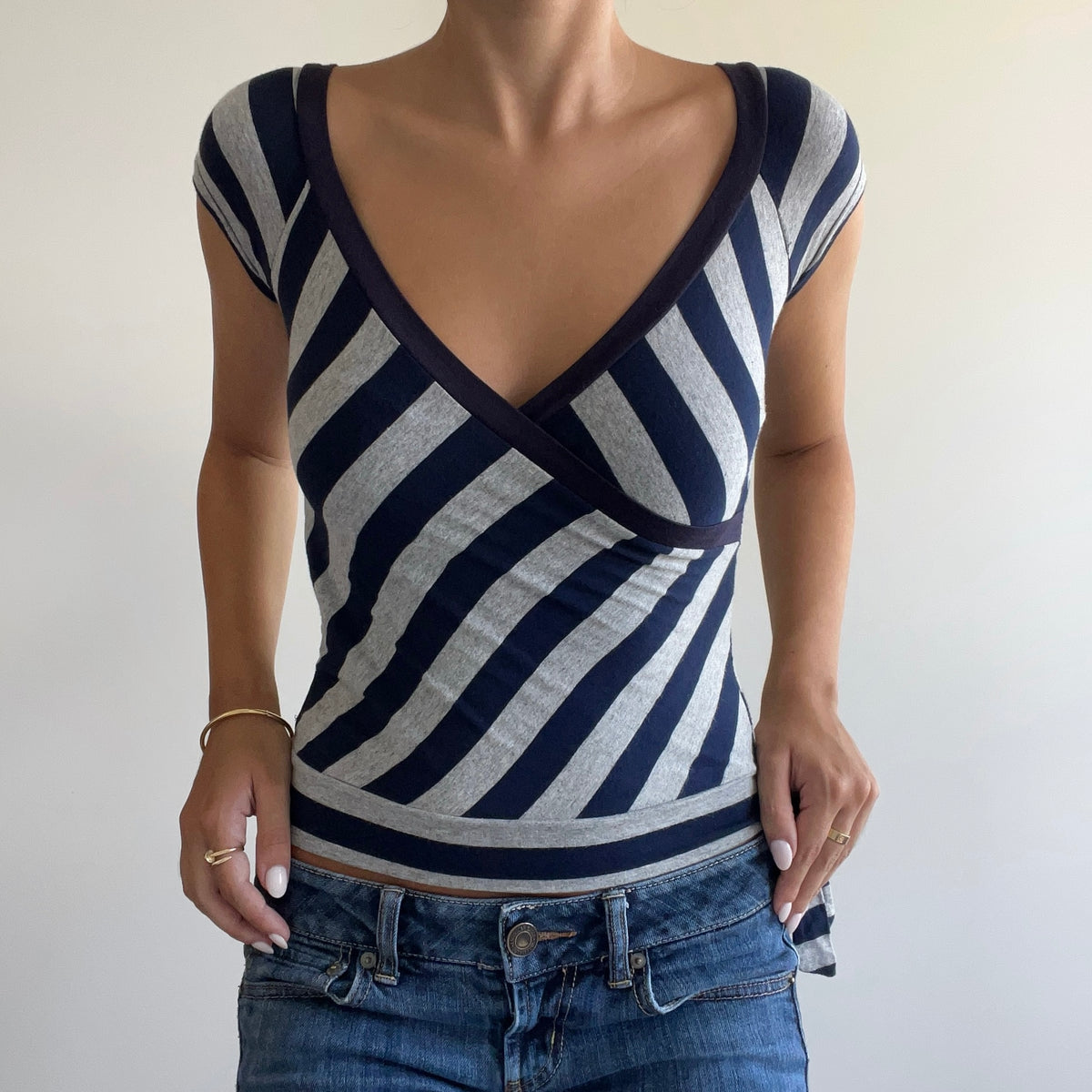 NAVY STRIPED WRAP TOP