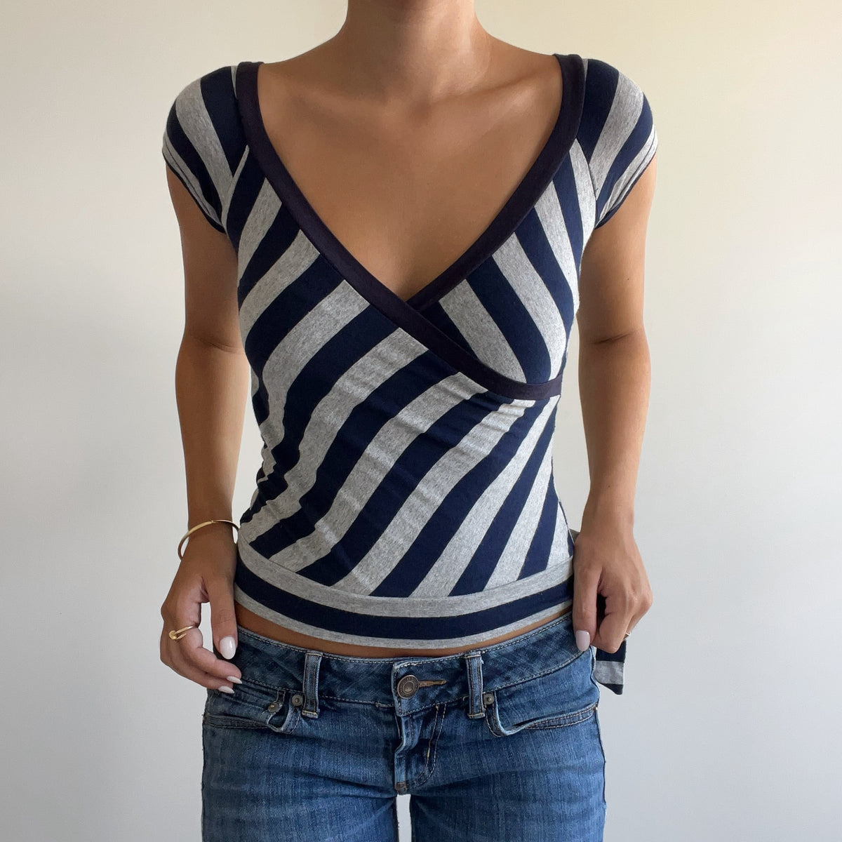 NAVY STRIPED WRAP TOP