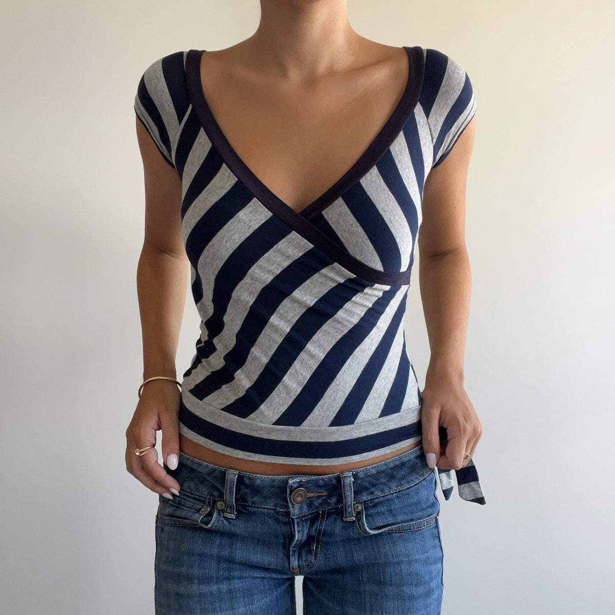 NAVY STRIPED WRAP TOP