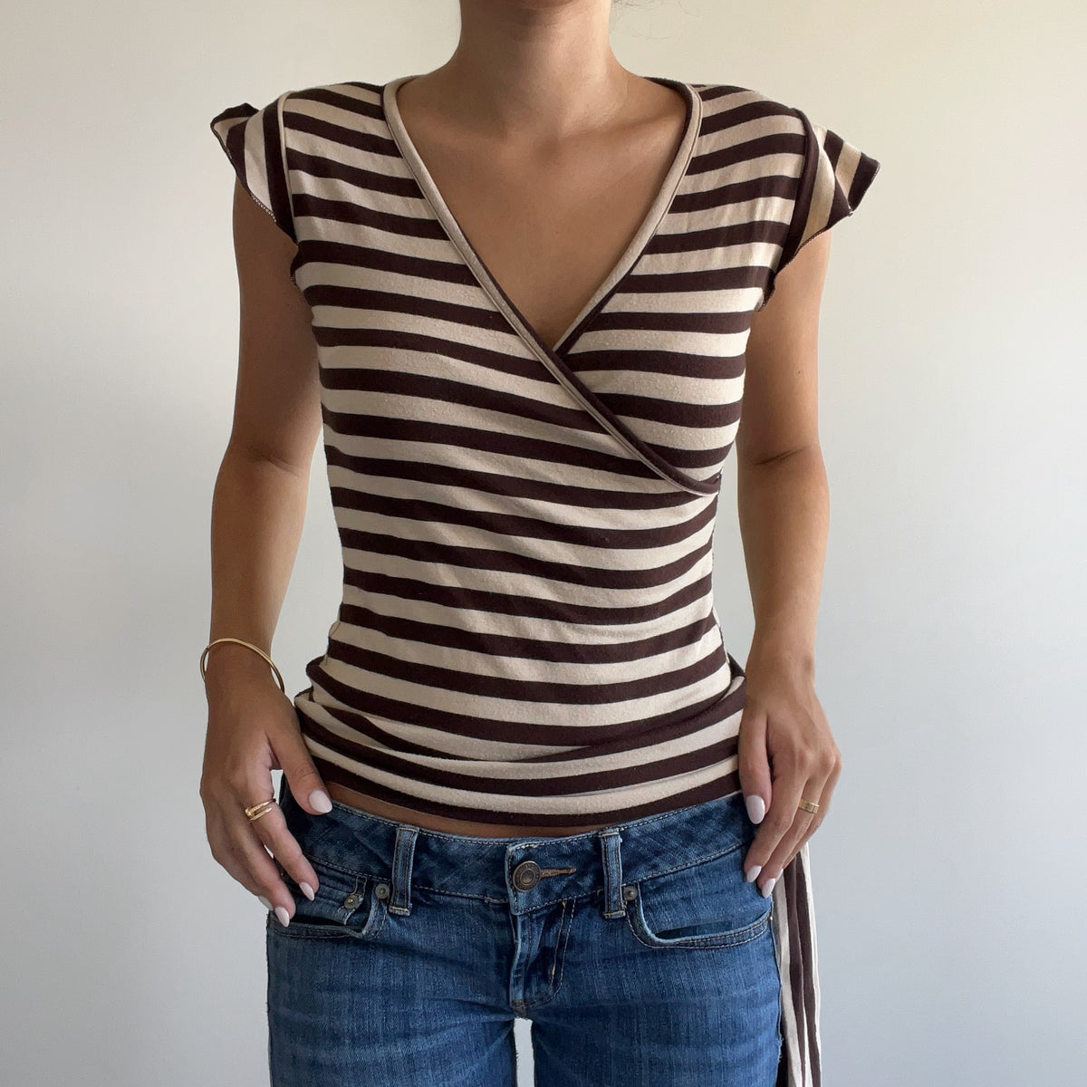 BROWN STRIPED WRAP TOP