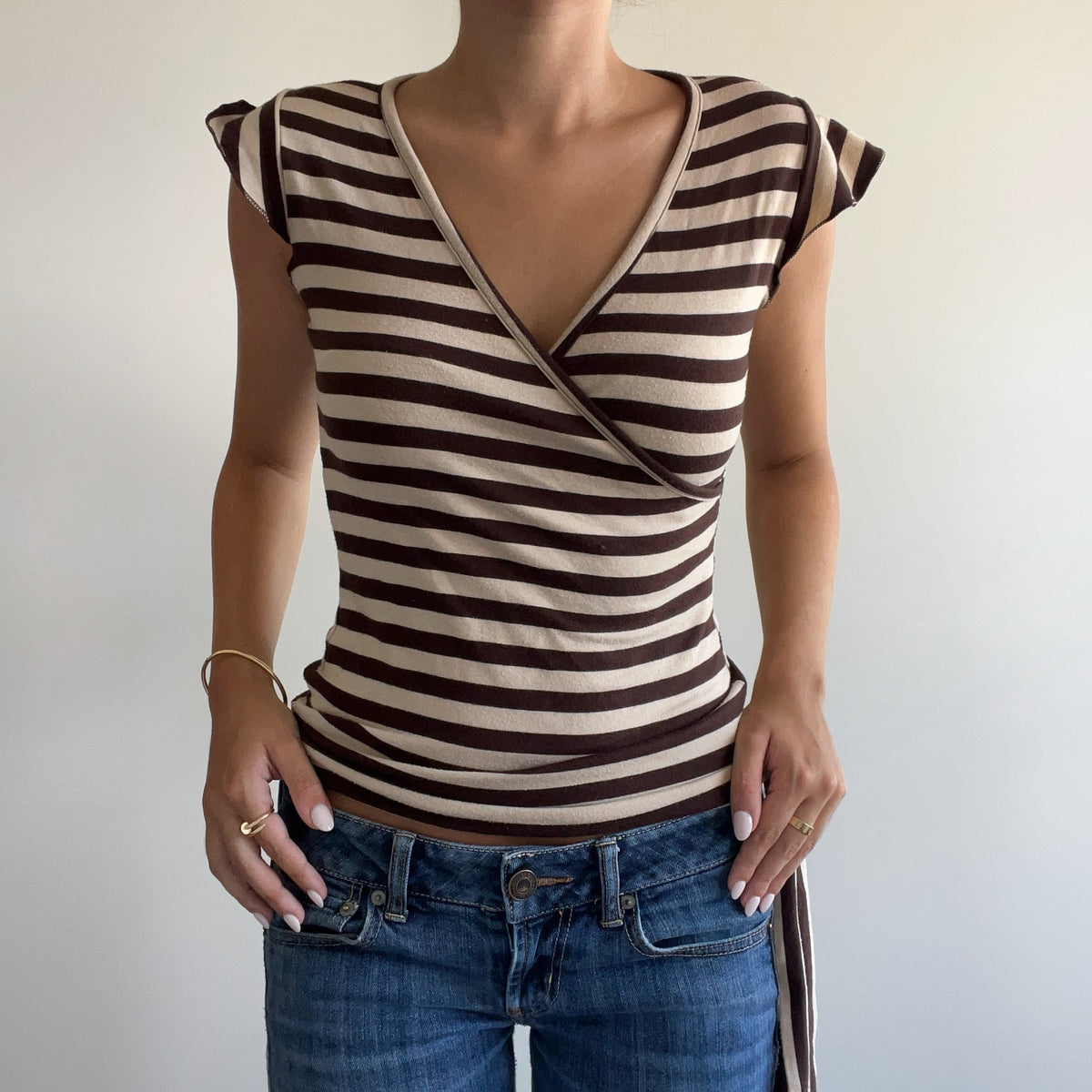 BROWN STRIPED WRAP TOP