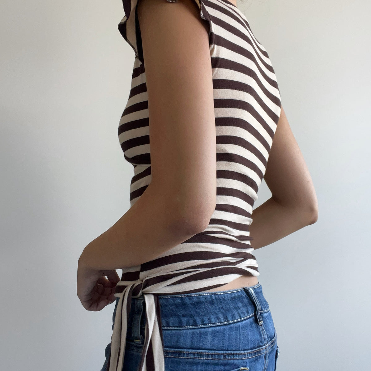 BROWN STRIPED WRAP TOP