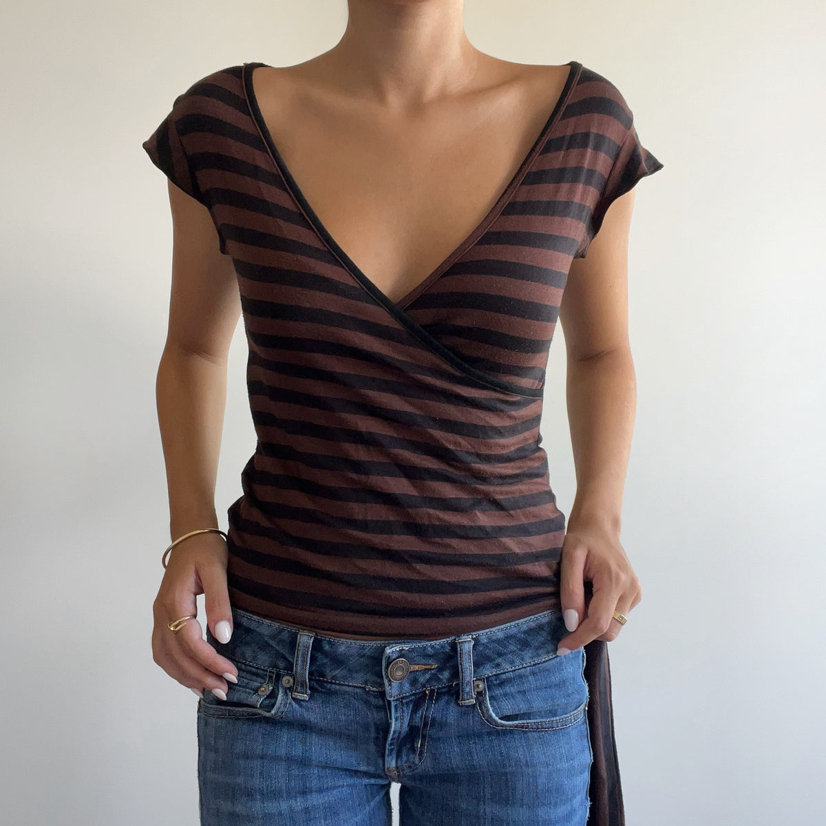 BROWN STRIPED WRAP TOP