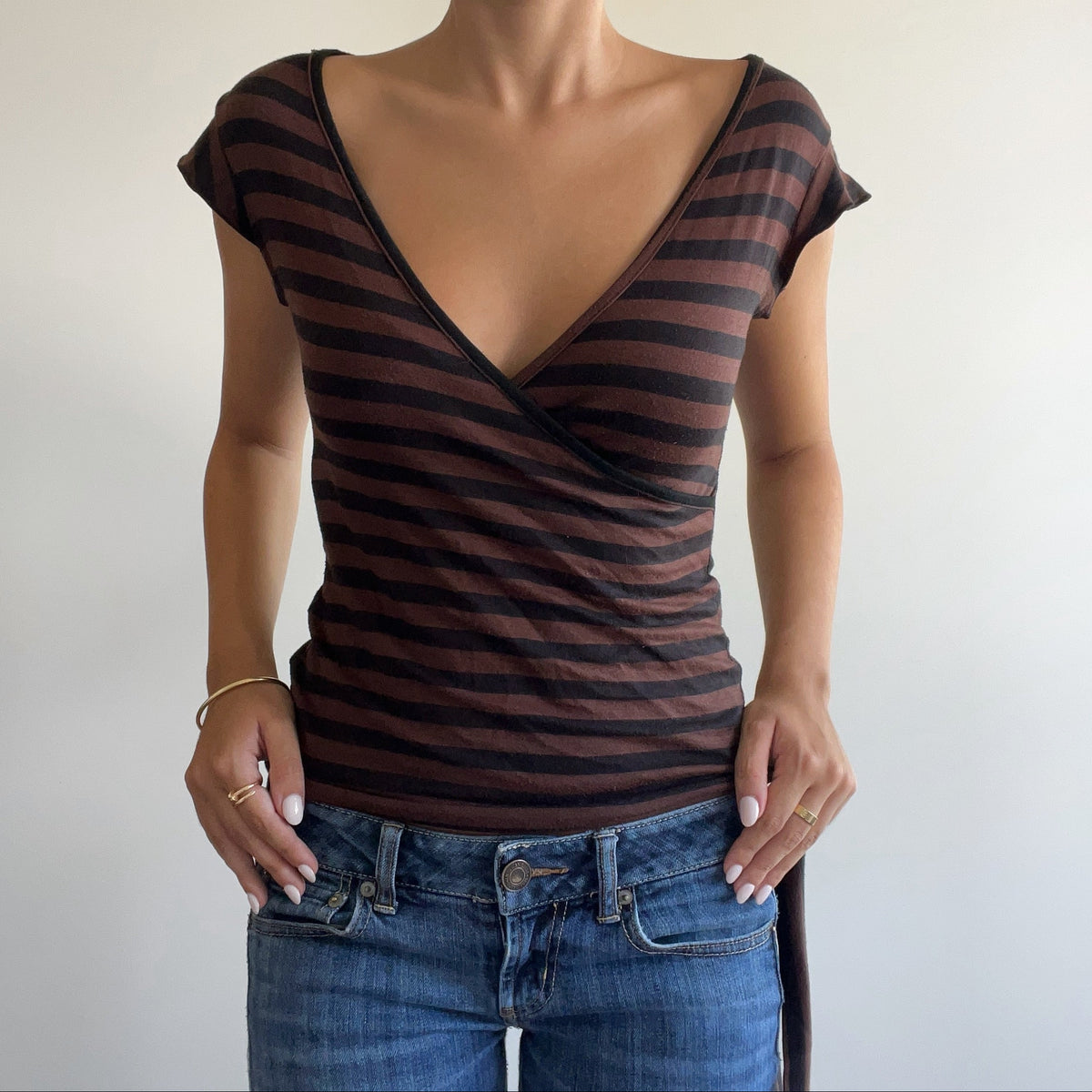 BROWN STRIPED WRAP TOP