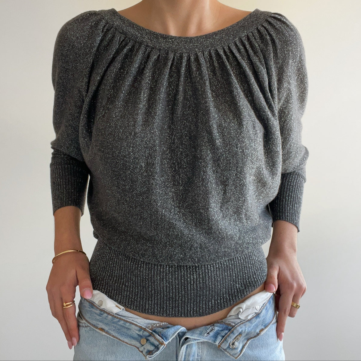 GREY DRAPED KNIT TOP