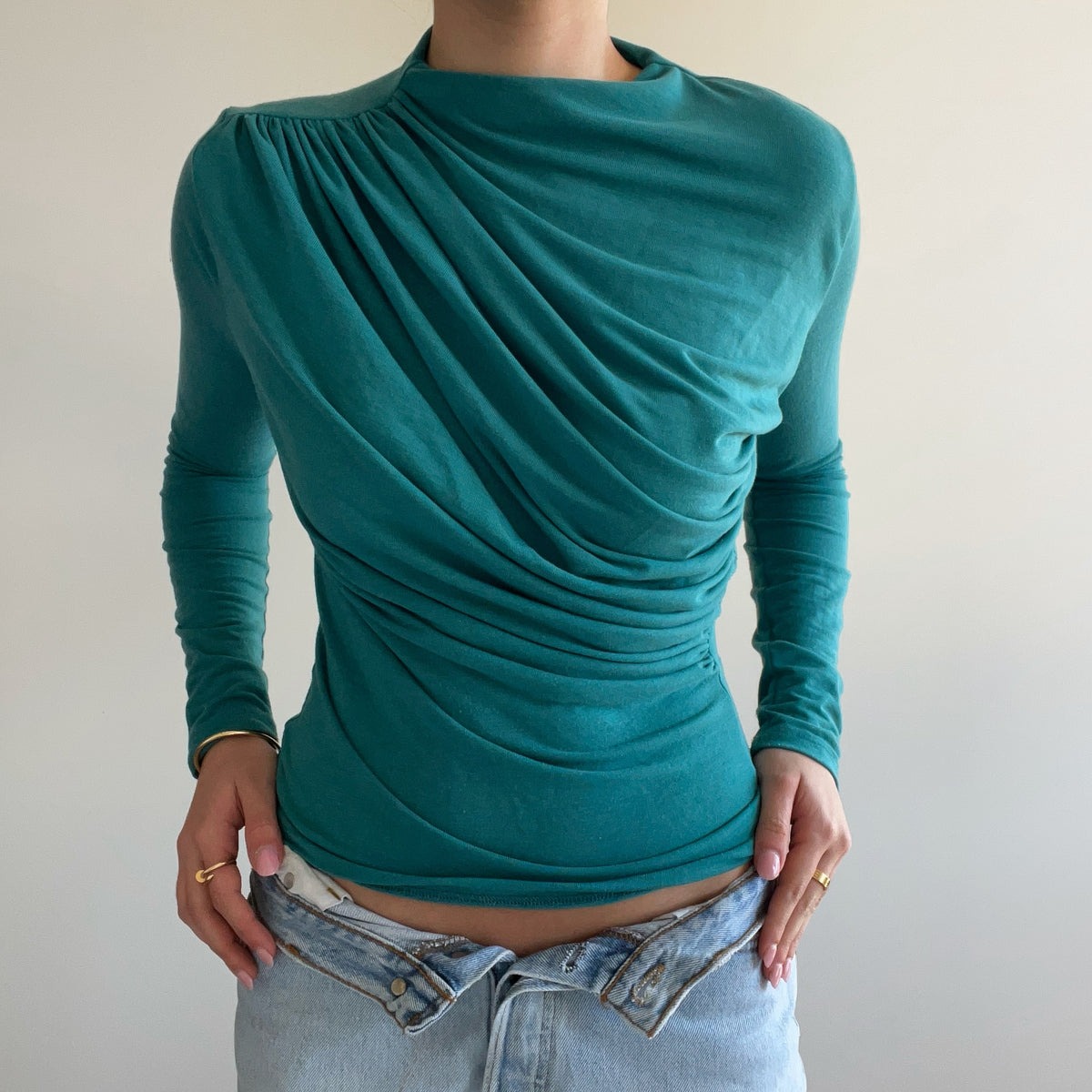 TEAL DRAPPED LONG SLEEVE