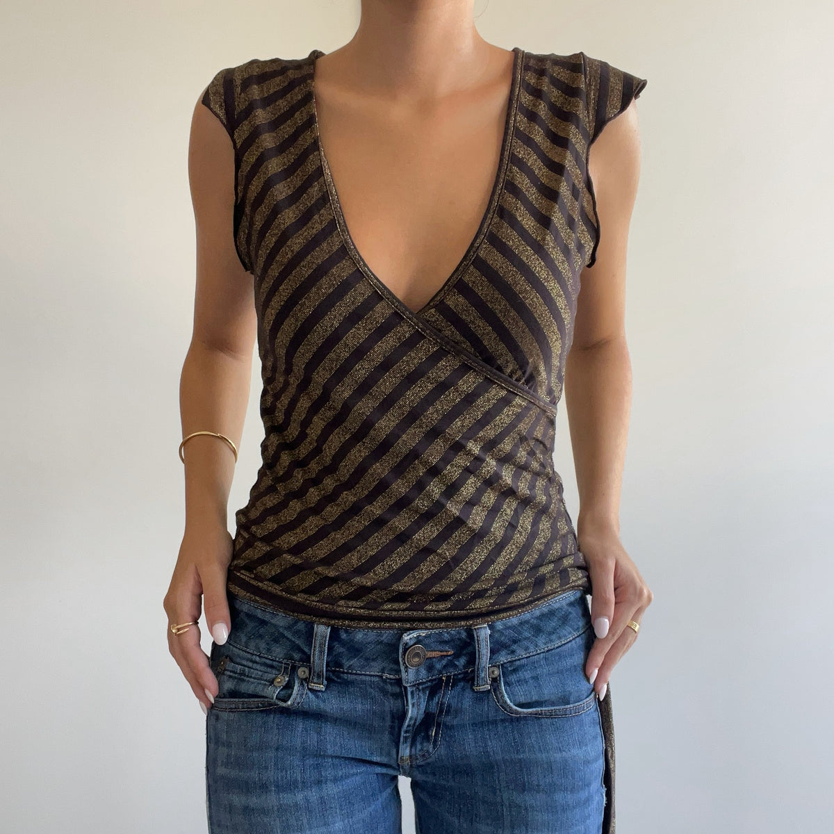 BROWN STRIPED WRAP TOP