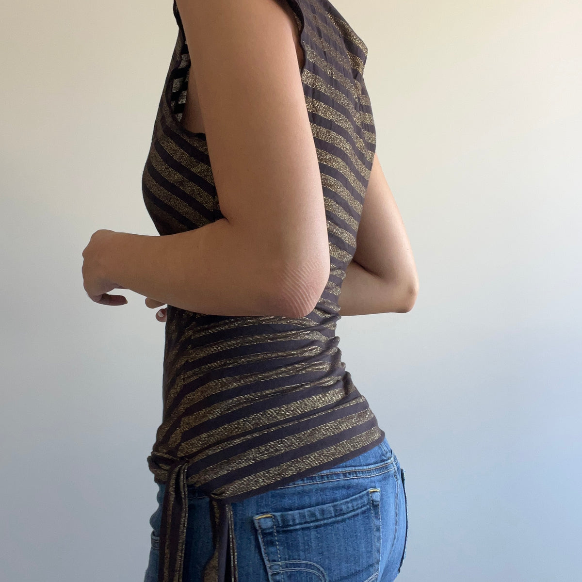 BROWN STRIPED WRAP TOP
