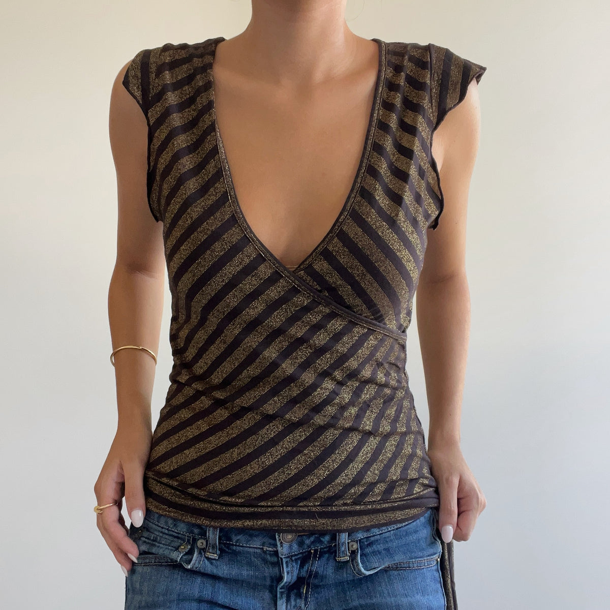 BROWN STRIPED WRAP TOP
