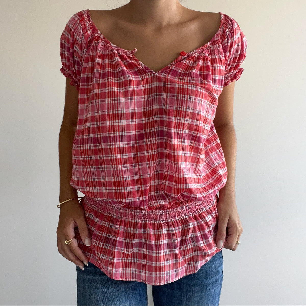 PINK PLAID BABYDOLL TOP