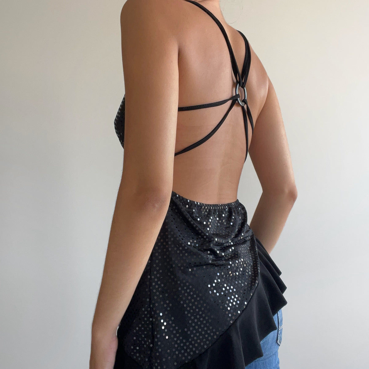 BLACK SEQUIN HALTER TOP