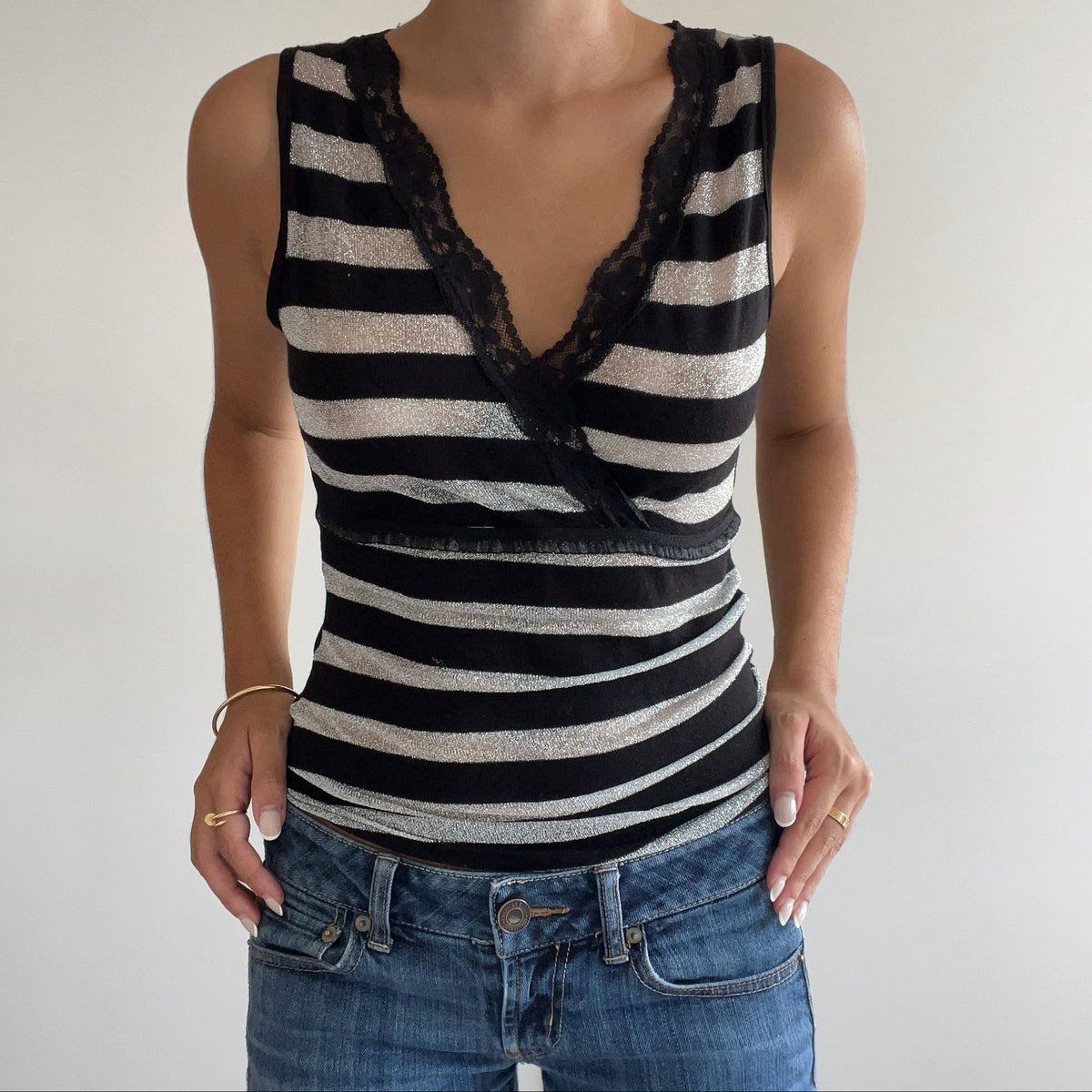 BLACK STRIPED LACE TANK