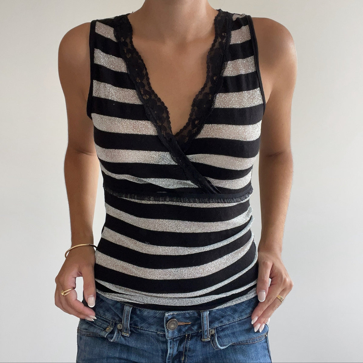BLACK STRIPED LACE TANK